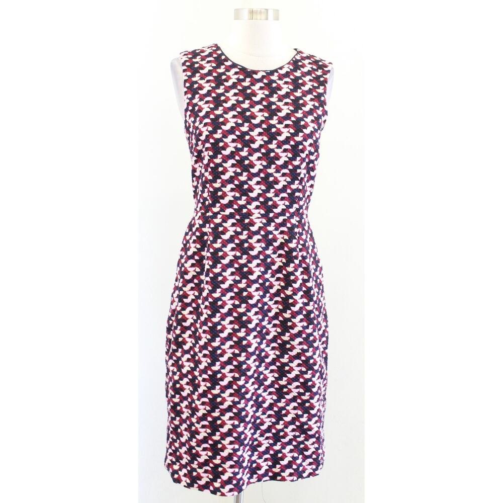 J Crew Geometric Print Textured Portfolio Sheath Dress Size 6 Navy Maroon Career